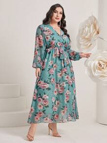 Modelyn 大碼印花燈籠袖繫腰帶連衣裙 - 薄荷綠 - 查看 4