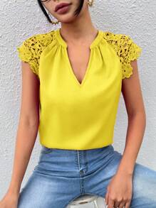 SHEIN Clasi 拼接水溶蕾絲插肩袖缺口領襯衫 - 黃色 - 查看 4