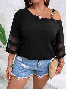 SHEIN LUNE Áo sơ mi Plus Size Chuỗi Bất đối xứng Tương phản Mesh màu trơn Giải trí - màu đen - Xem 4