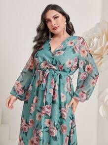 Modelyn 大碼印花燈籠袖繫腰帶連衣裙 - 薄荷綠 - 查看 5