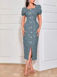 Modelyn 提花方領泡泡袖前紐扣下擺開叉連衣裙 - 藍色 - 查看 1