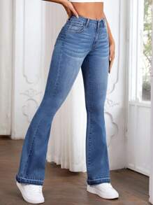 Solid Raw Hem Flare Leg Jeans - Medium Wash - View 5