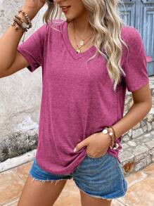 EMERY ROSE Summer Women's Solid Color V-Neck Short Sleeve T-Shirt