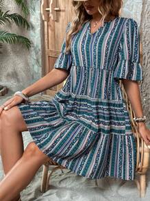 SHEIN VCAY 條紋圖案和鋸齒形印花荷葉袖荷葉邊娃娃裙 - 彩色 - 查看 3