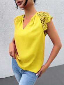 SHEIN Clasi 拼接水溶蕾絲插肩袖缺口領襯衫 - 黃色 - 查看 5