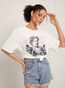 Zohra Camiseta de hombros caídos con estampado de figura - Blanco - Ver 1