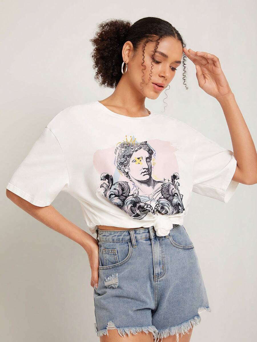 Zohra Camiseta de hombros caídos con estampado de figura - Blanco - Ver 1