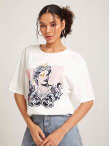 Zohra Camiseta de hombros caídos con estampado de figura - Blanco - Ver 3