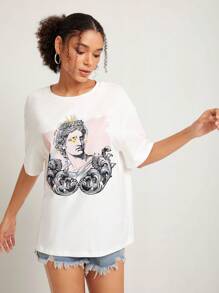 Zohra Camiseta de hombros caídos con estampado de figura - Blanco - Ver 6