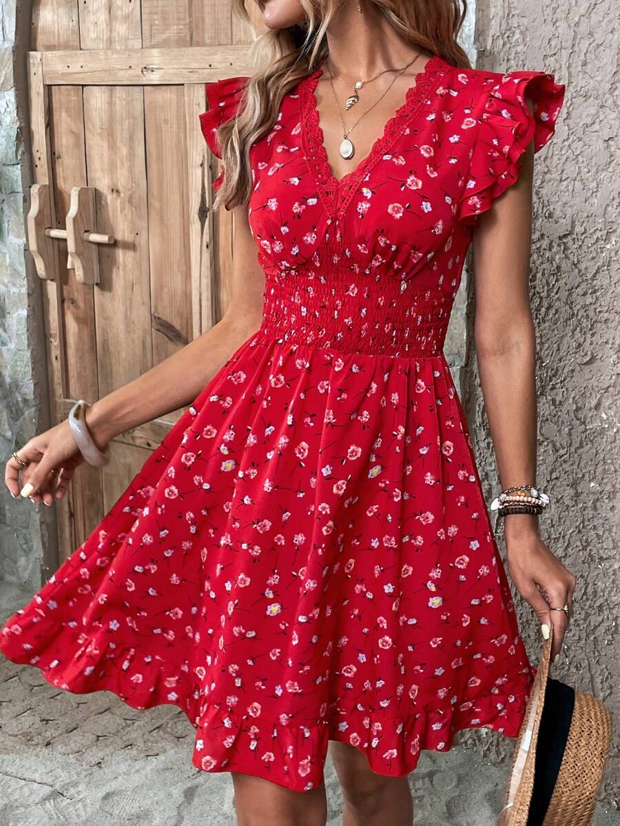 SHEIN Clasi Đầm Viên lá sen Dải chun Hoa Tất cả trên in Boho - Đỏ - Xem 1