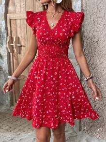 SHEIN Clasi Đầm Viên lá sen Dải chun Hoa Tất cả trên in Boho - Đỏ - Xem 4