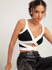 aabache Áo khoác và áo lót dành cho xe tăng nữ Hội Chữ thập Cắt ra Gân đan Khối Màu Gợi cảm - màu đen - Xem 1