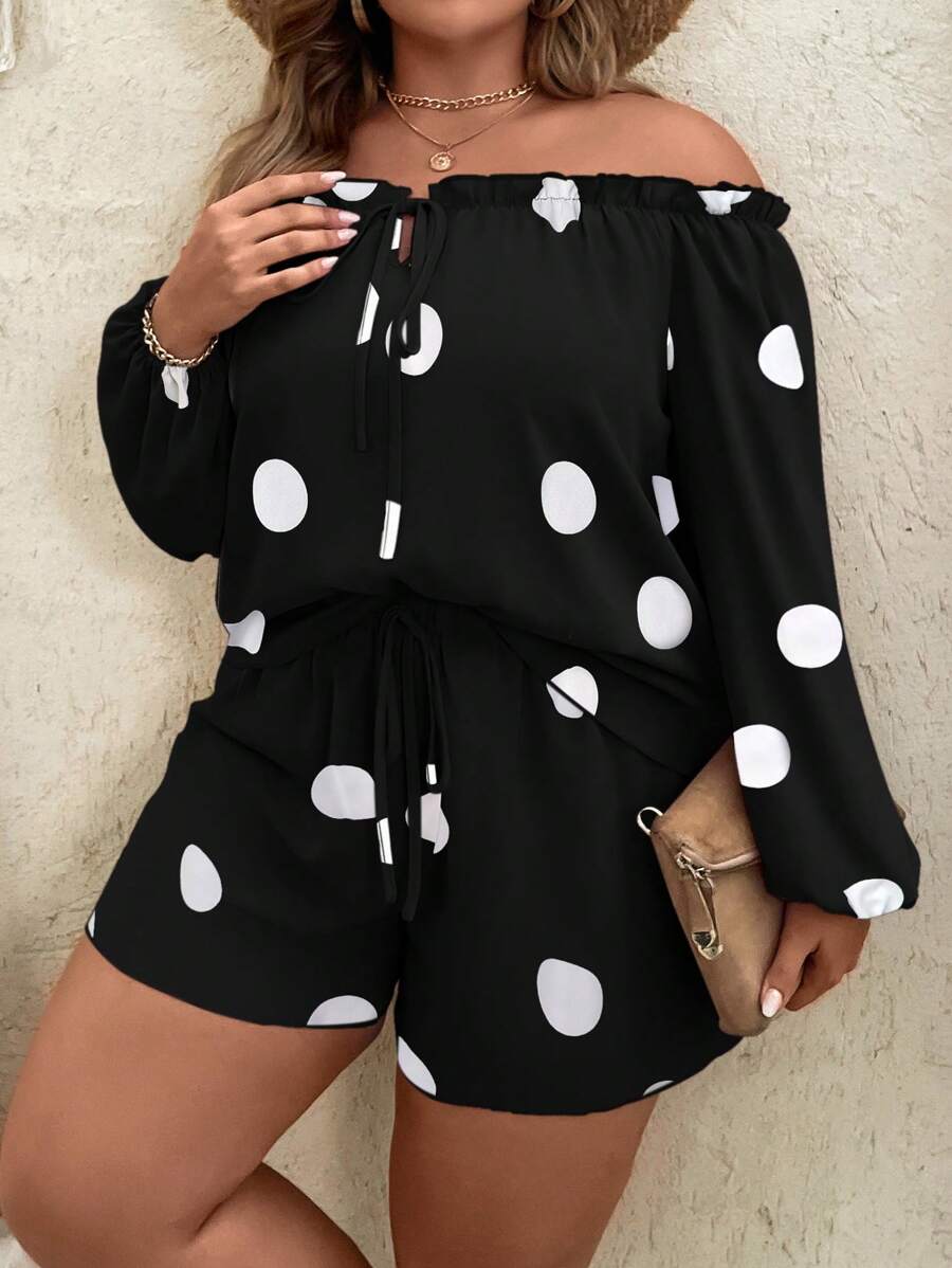 SHEIN LUNE Bộ thời trang Plus Size viền lá sen Thắt nút Thắt nơ trước Chấm bi Giải trí - Đen và trắng - Xem 1