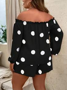 SHEIN LUNE Bộ thời trang Plus Size viền lá sen Thắt nút Thắt nơ trước Chấm bi Giải trí - Đen và trắng - Xem 2