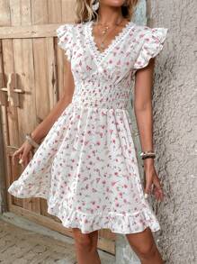 SHEIN Holidaya 滿版印花鏤空蕾絲花邊荷葉邊洋裝 - 白色 - 查看 4