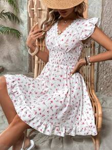 SHEIN Holidaya 滿版印花鏤空蕾絲花邊荷葉邊洋裝 - 白色 - 查看 5