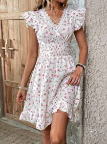 SHEIN Holidaya 滿版印花鏤空蕾絲花邊荷葉邊洋裝 - 白色 - 查看 6