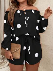 SHEIN LUNE Bộ thời trang Plus Size viền lá sen Thắt nút Thắt nơ trước Chấm bi Giải trí - Đen và trắng - Xem 4