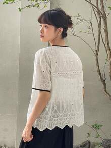 DAZY 撞色滾邊前紐扣泡泡袖襯衫 - 白色 - 查看 2