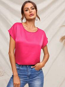 SHEIN Clasi Batwing Sleeve Satin Top - Hot Pink - View 1