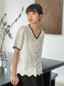DAZY 撞色滾邊前紐扣泡泡袖襯衫 - 白色 - 查看 6