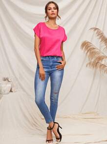SHEIN Clasi Batwing Sleeve Satin Top - Hot Pink - View 3