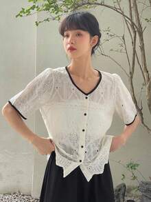 DAZY 撞色滾邊前紐扣泡泡袖襯衫 - 白色 - 查看 7