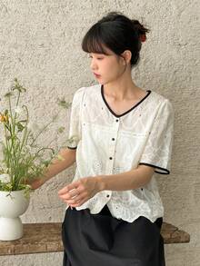 DAZY 撞色滾邊前紐扣泡泡袖襯衫 - 白色 - 查看 4