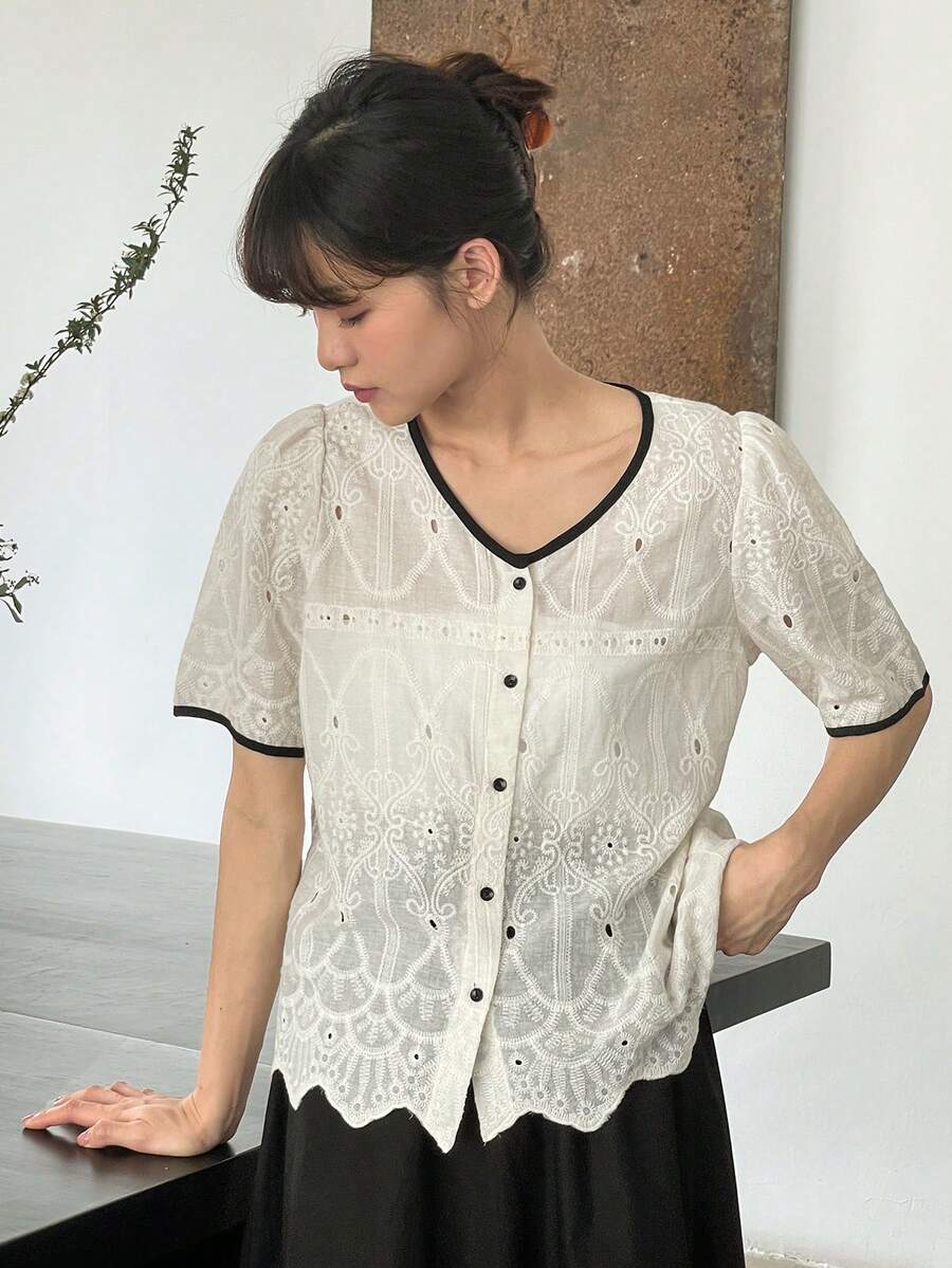 DAZY 撞色滾邊前紐扣泡泡袖襯衫 - 白色 - 查看 1