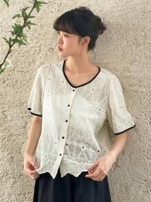 DAZY 撞色滾邊前紐扣泡泡袖襯衫 - 白色 - 查看 8