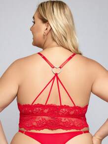 Plus Floral Lace Longline Bra - Red - View 2