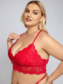 Plus Floral Lace Longline Bra - Red - View 4