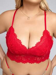 Plus Floral Lace Longline Bra - Red - View 5