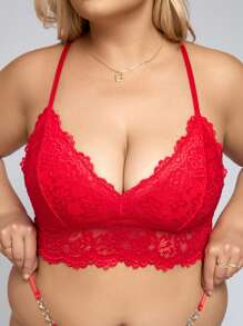 Plus Floral Lace Longline Bra - Red - View 6