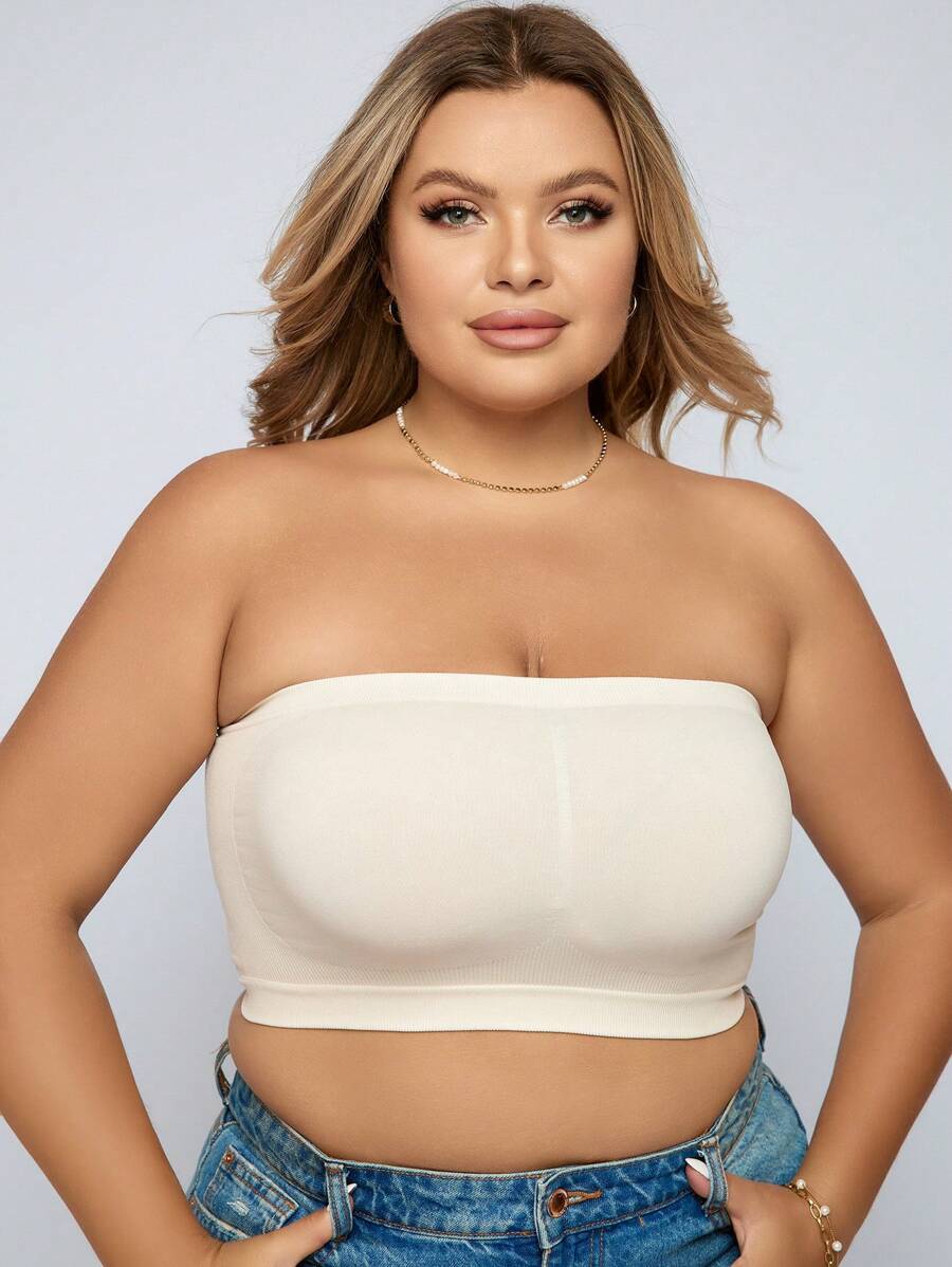 Plus Size Casual Strapless Backless Plain Beige Medium Stretch Tube Top Bra - Beige - View 1