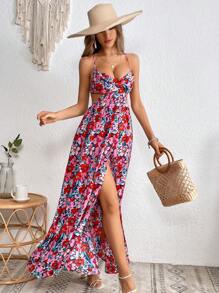 SHEIN VCAY Vải in hoa Ren hở lưng Tách đùi Mùa hè NỮ bờ biển Váy Dây - Nhiều màu - Xem 4