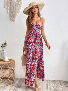 SHEIN VCAY Vải in hoa Ren hở lưng Tách đùi Mùa hè NỮ bờ biển Váy Dây - Nhiều màu - Xem 5