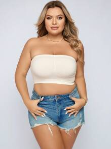 Plus Size Casual Strapless Backless Plain Beige Medium Stretch Tube Top Bra - Beige - View 4