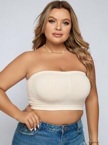 Plus Size Casual Strapless Backless Plain Beige Medium Stretch Tube Top Bra - Beige - View 5