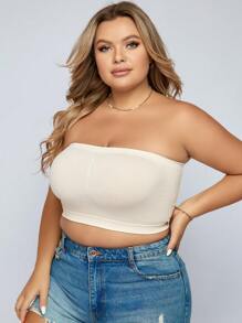 Plus Size Casual Strapless Backless Plain Beige Medium Stretch Tube Top Bra - Beige - View 6