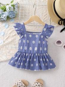 SHEIN Áo dài đi nghỉ in họa tiết hoa cúc xanh dành cho cô gái trẻ có cổ vuông và tay áo xếp nếp cho mùa hè - Màu xanh lam - Xem 1