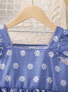 SHEIN Áo dài đi nghỉ in họa tiết hoa cúc xanh dành cho cô gái trẻ có cổ vuông và tay áo xếp nếp cho mùa hè - Màu xanh lam - Xem 3