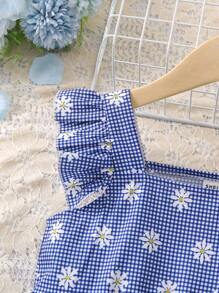 SHEIN Áo dài đi nghỉ in họa tiết hoa cúc xanh dành cho cô gái trẻ có cổ vuông và tay áo xếp nếp cho mùa hè - Màu xanh lam - Xem 5