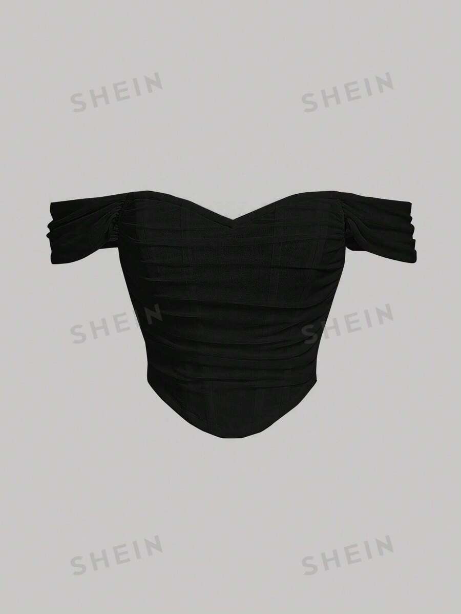 SHEIN MOD Top crop de hombros descubiertos fruncido bajo asimétrico