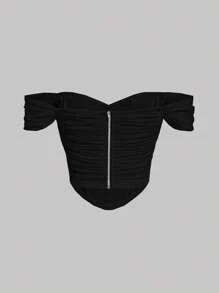 SHEIN MOD Top crop de hombros descubiertos fruncido bajo asimétrico