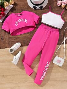 SHEIN 女孩字母圖案T恤和撞色滾邊吊帶上衣和緊身打底褲 - 玫紅色 - 查看 1