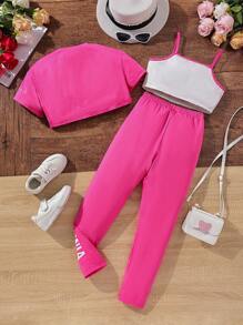 SHEIN 女孩字母圖案T恤和撞色滾邊吊帶上衣和緊身打底褲 - 玫紅色 - 查看 2