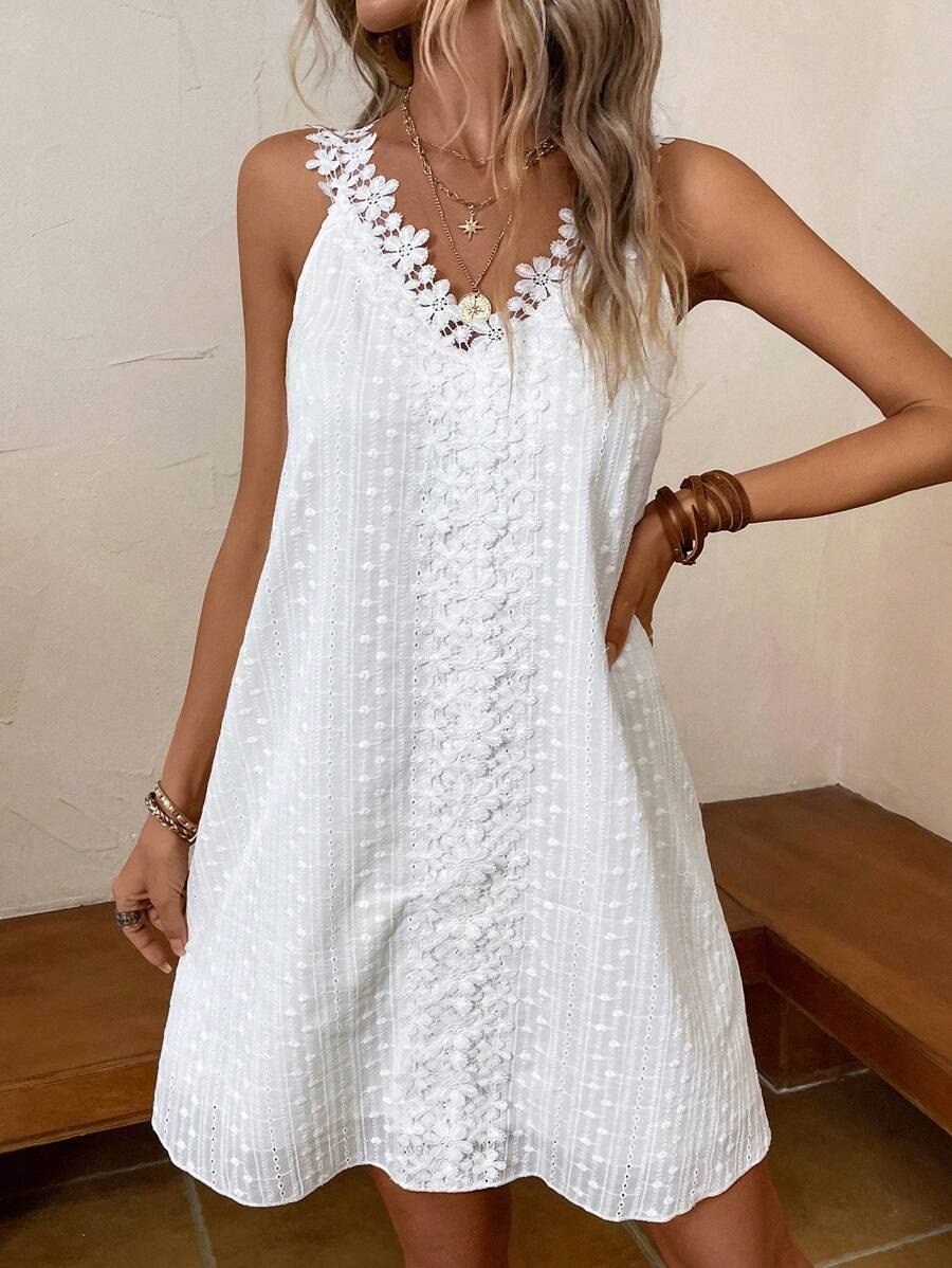 SHEIN Clasi Vestido de lunares panel con encaje - Blanco - Ver 1