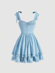 SHEIN MOD Đầm Thắt nút Viên lá sen Nút phía trước Nếp gấp Phần Ngực màu trơn Giải trí - Màu xanh nhạt - Xem 2