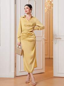 Modelyn Solid Ruched Split Thigh Satin Dress - Yellow - View 1